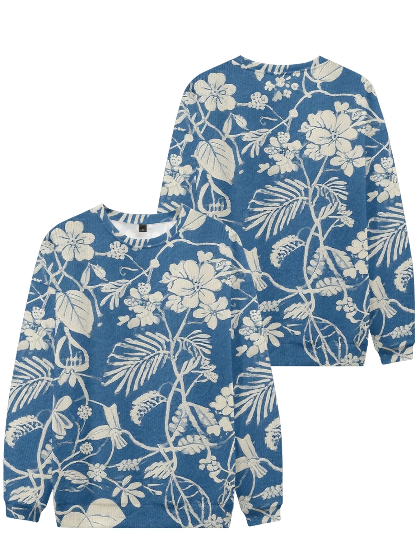 Lebhaftes weißes Rundhals-Sweatshirt mit Blumendruck, vollflächigem botanischen Design mit bunten Blüten und Blättern, lässige Frühlingsmode für Paare
