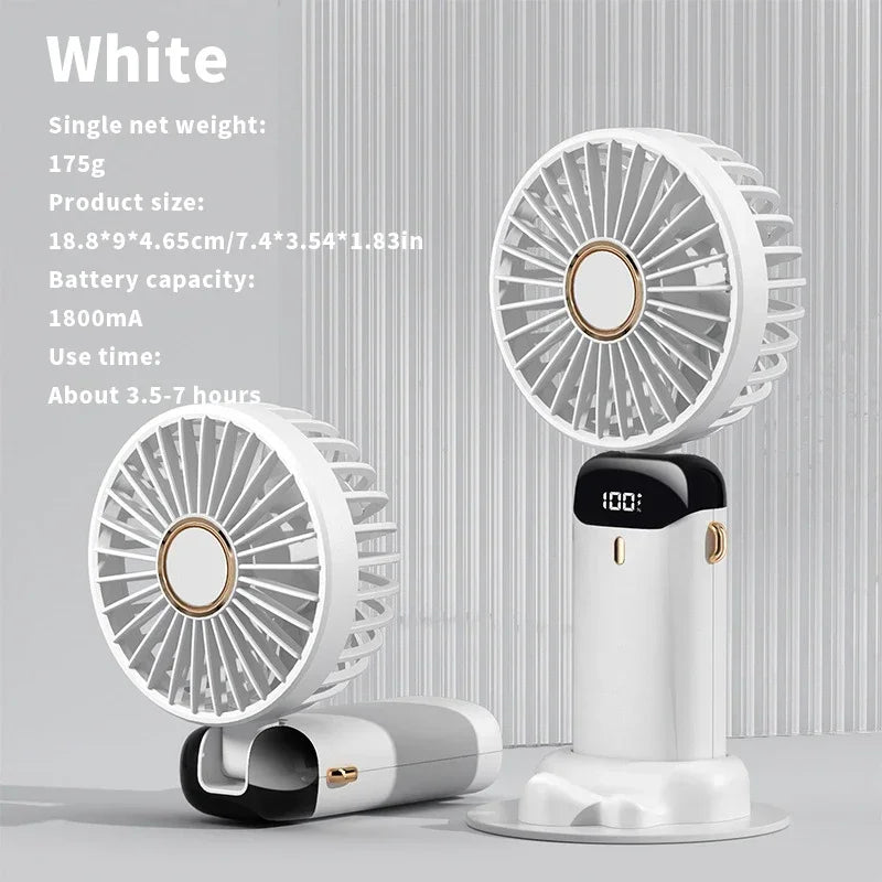 Mini ventilateur portable 3000 mAh pliable, à poser sur un bureau, à suspendre autour du cou, 5 vitesses, rechargeable par USB, support de téléphone, écran d'affichage