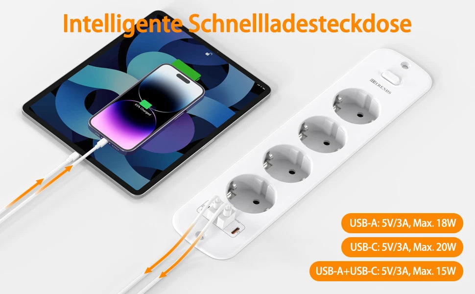 EU-Steckdosenleiste für den Schreibtisch, 3/4-fach + 4 USB-Smart-Schnellladeports, Hauptschalter, 2 Meter Feder-Verlängerungskabel