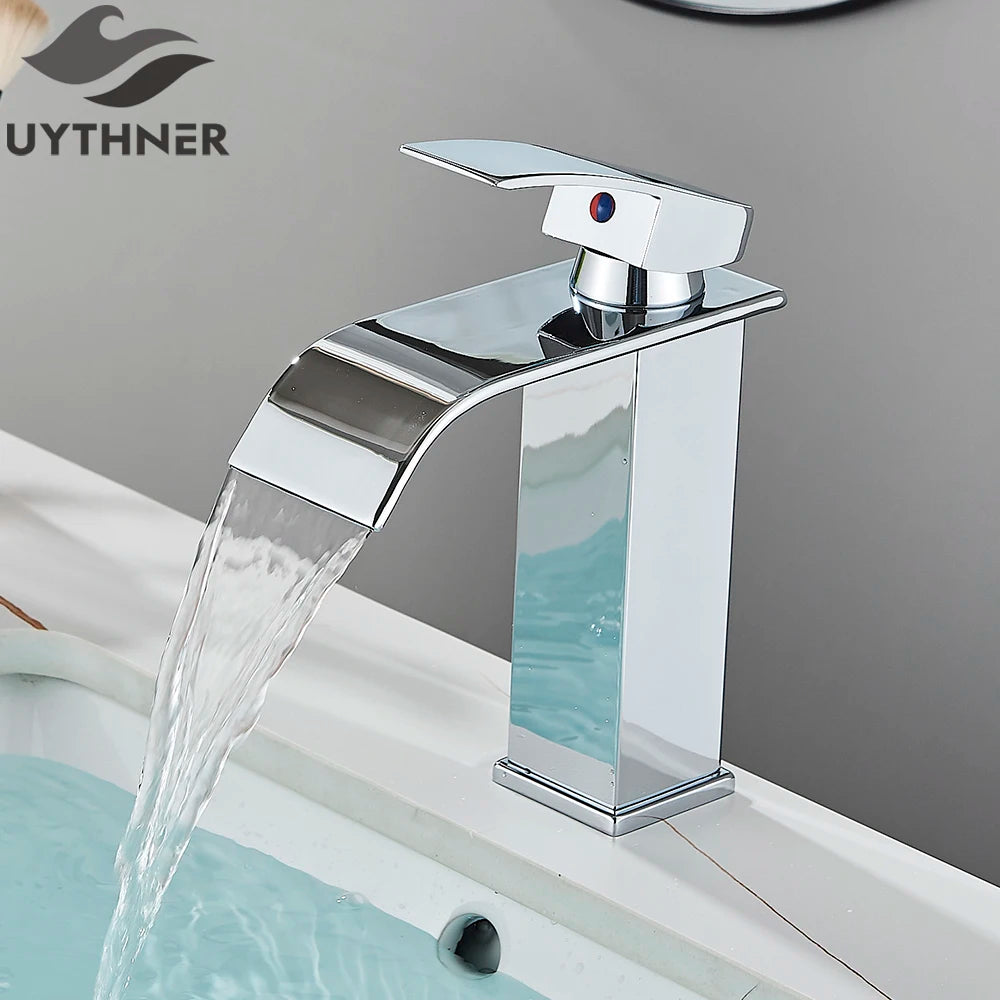 Robinet de Lavabo Doré Brossé, Élégant Robinet Cascade pour Salle de Bain, Mitigeur Monocommande en Laiton à Fixation sur Plan