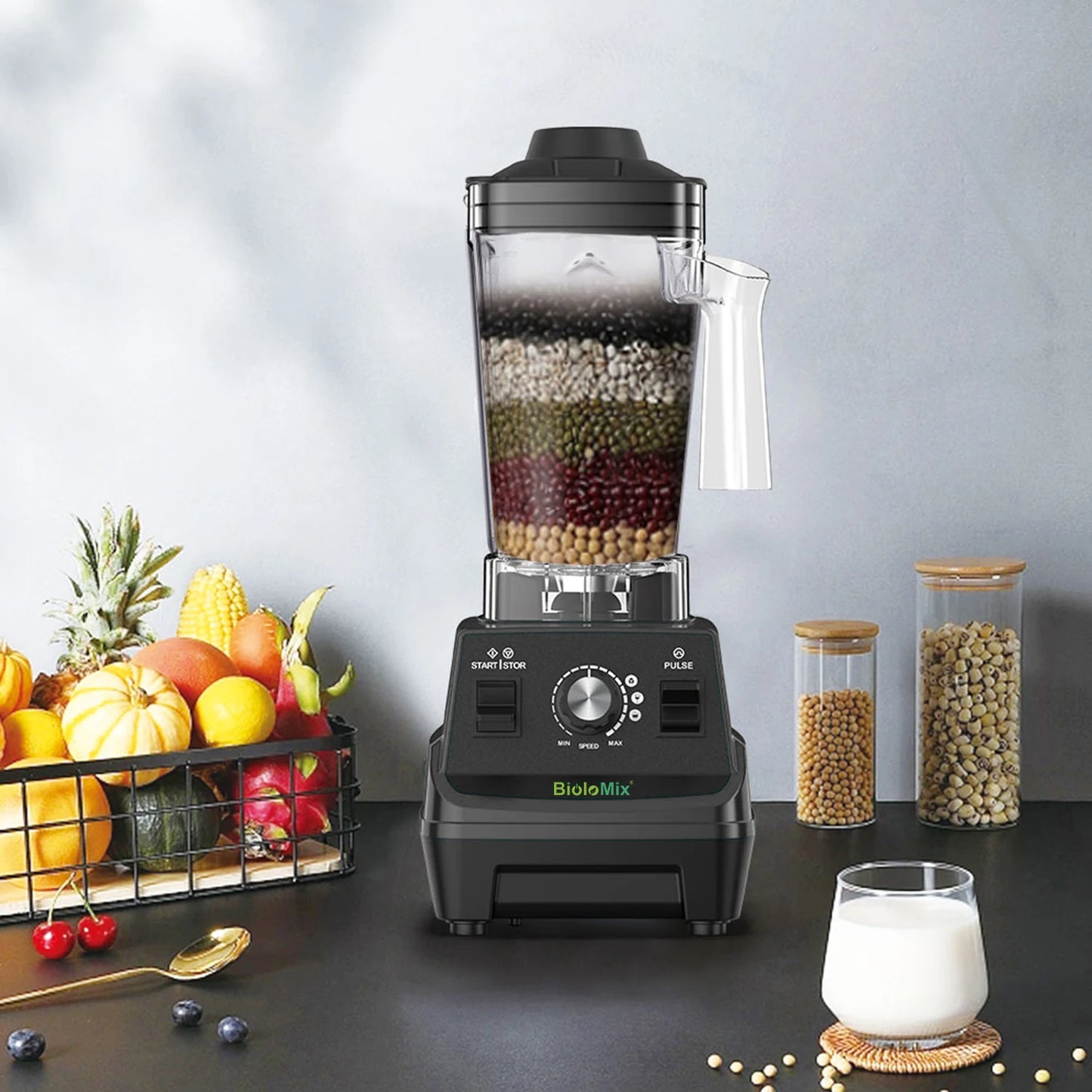 BioloMix Mini Pro 1800W Hochleistungs-Smoothie-Mixer BPA-frei 1,8L und 0,6L Doppelbehälter Hochleistungs-Küchenmixer Entsafter