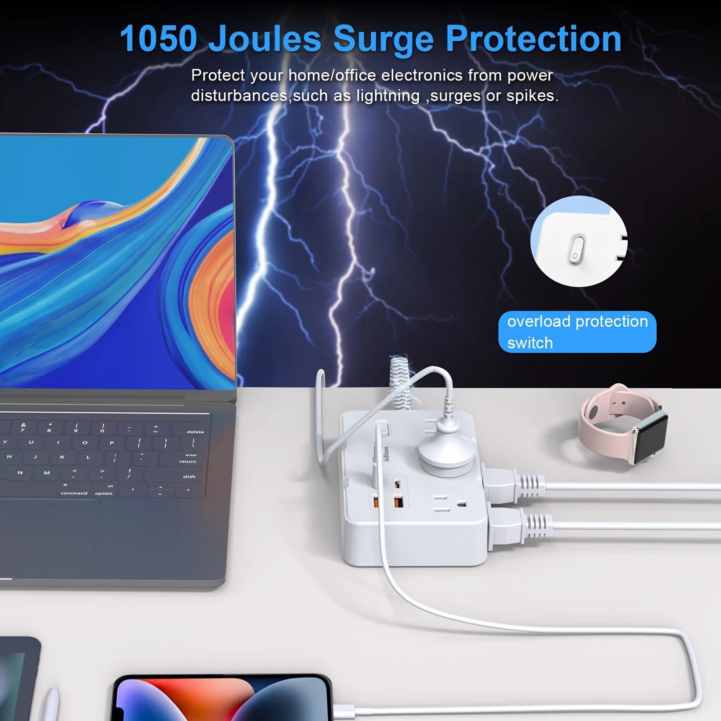Universal Power Strip US Plug with 6 AC Outlets 4 USB Type-C/A Charge 5FT Extension Cable Desktop Wall Ground Electric Socket
