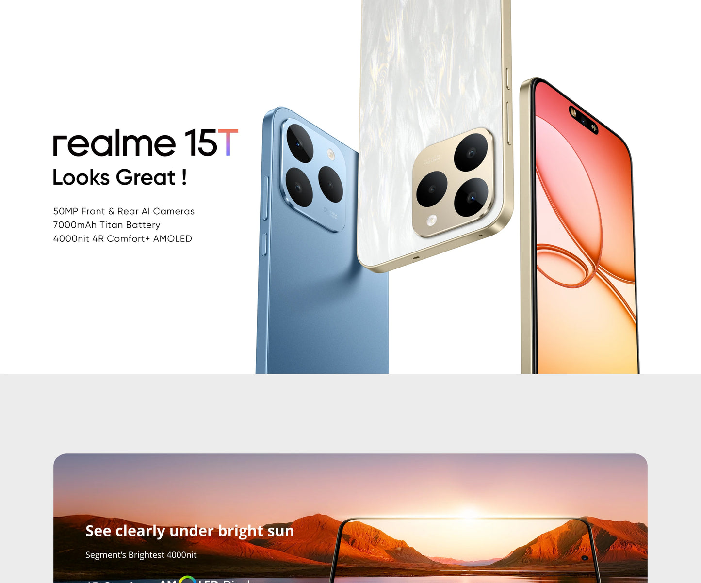 realme 15T 5G Smartphone NFC Dimensity 6400 Max Chipsatz Zwei 50MP Kameras 6.57" 120Hz AMOLED Display 7000mAh Akku 60W Ladung