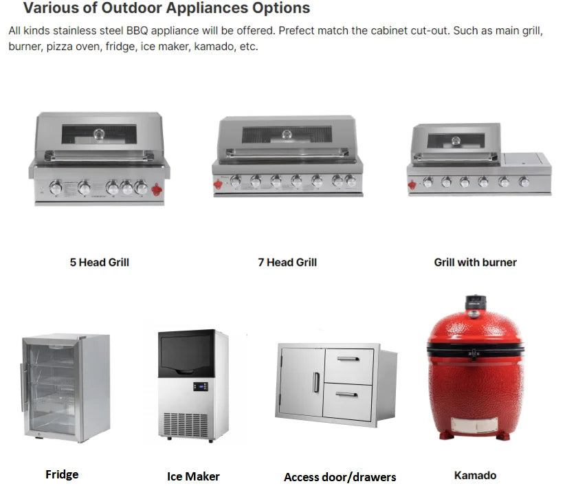 All-in-One anpassbare, moderne Premium-BBQ-Station für den Außenbereich, pulverbeschichtet, rostfrei und windbeständig, mit Kühlschrank und Spüle
