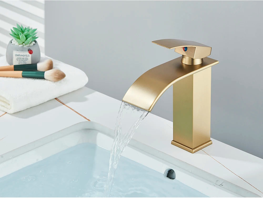 Robinet de Lavabo Doré Brossé, Élégant Robinet Cascade pour Salle de Bain, Mitigeur Monocommande en Laiton à Fixation sur Plan