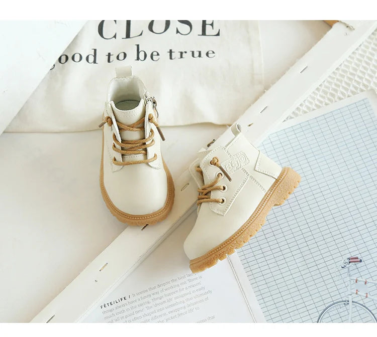 2024 New Spring/Autumn Baby Boots Leather British Style Boys Fashion Boots Rubber Sole Zip Side Toddler Girls Ankle Boots 15-25