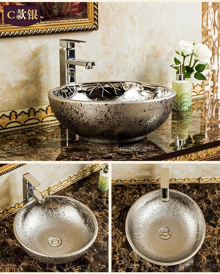 A17 Éviers de Salle de Bain de Luxe Dorés Céramique Maison Lavabo Créatif Toilettes Rondes Au-dessus du Comptoir Simple Salle de Bain Accesoire