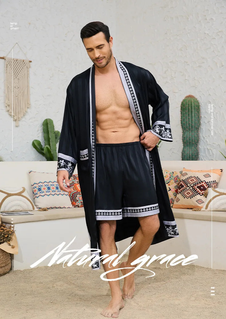 Frühling Sommer Neu Herren Schlafanzug 2-teiliges Roben-Shorts-Set Barockstil Seidensatin Kimono Bademantel Nachthemd Lose Homewear Loungewear