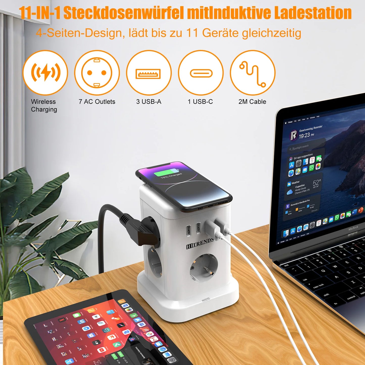 15-in-1 intelligente Steckdosenleiste kabelloses Schnellladen 3680W 3USB-A und 1USB-C 2 Meter Verlängerungskabel Hauptschalter