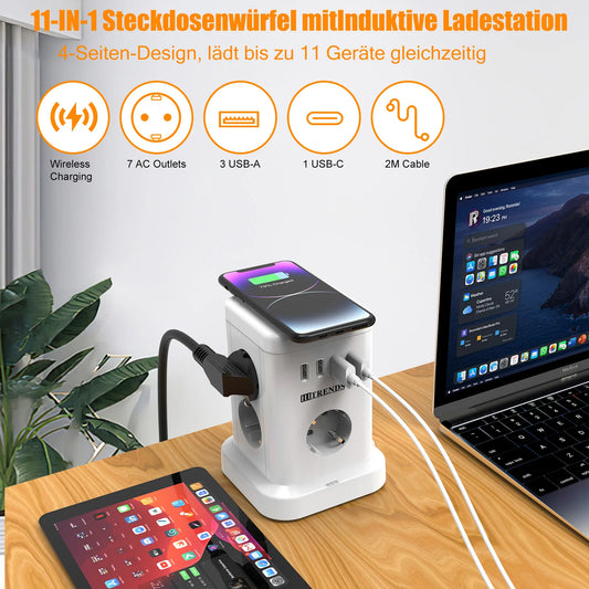 15-in-1 smart power board wireless fast charging socket 3680W 3USB-A and 1USB-C 2-meter extension cable master control switch