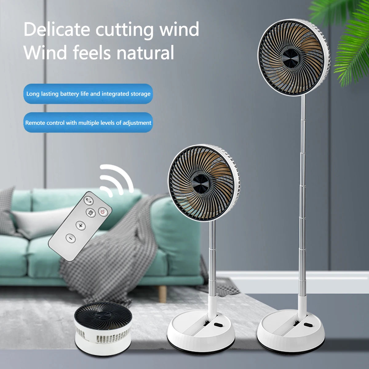 Tragbarer oszillierender Standventilator mit Fernbedienung, faltbarer Tischventilator, akkubetriebener Standventilator für Camping