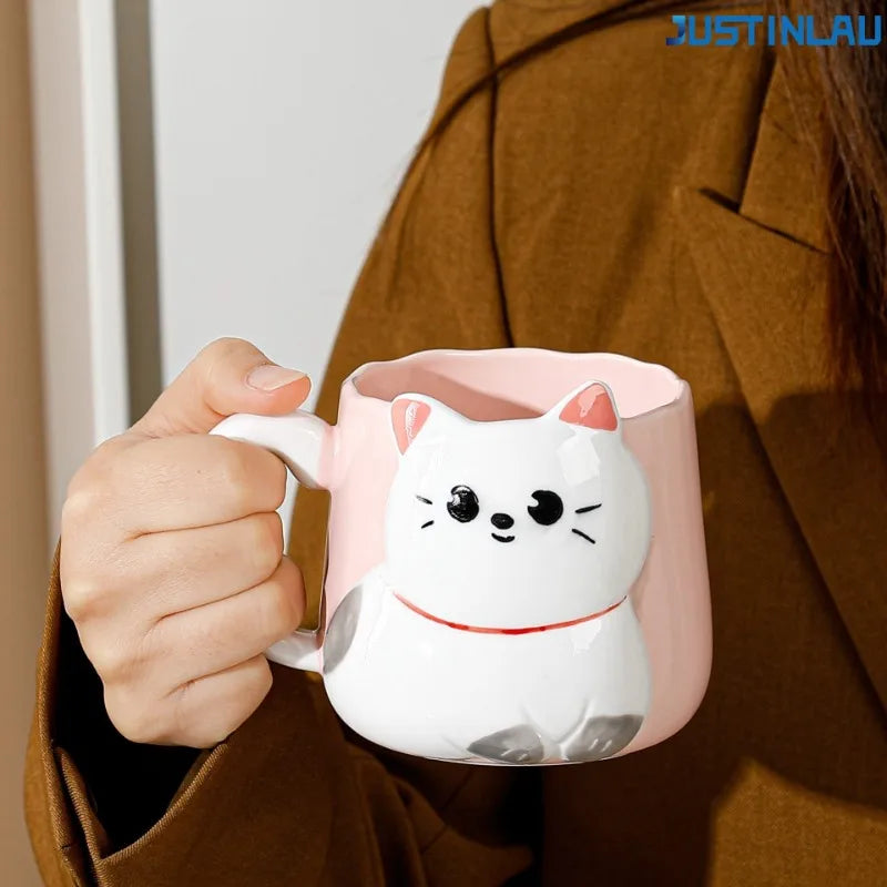 JUSTINLAU Tasse en céramique mignonne avec couvercle et cuillère, motif chat de dessin animé en relief, style japonais, tasse à café émaillée, tasse à thé en céramique