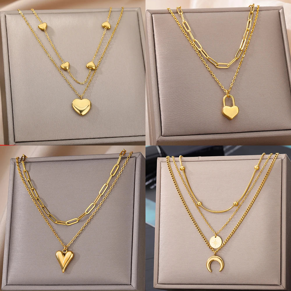 Colliers multicouches en forme de cœur pour femmes, en acier inoxydable, couleur or, pendentif œil maléfique, chaîne ras du cou, bijoux de mariage, cadeau