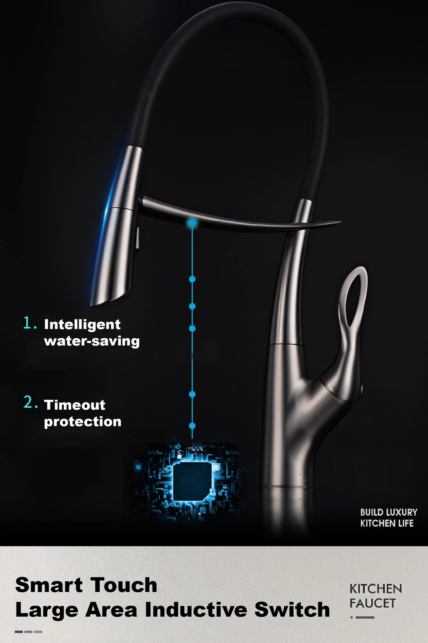 Luxury gun gray brass kitchen faucet with intelligent touch design Single handle hot and cold water magnetic suction sink faucet