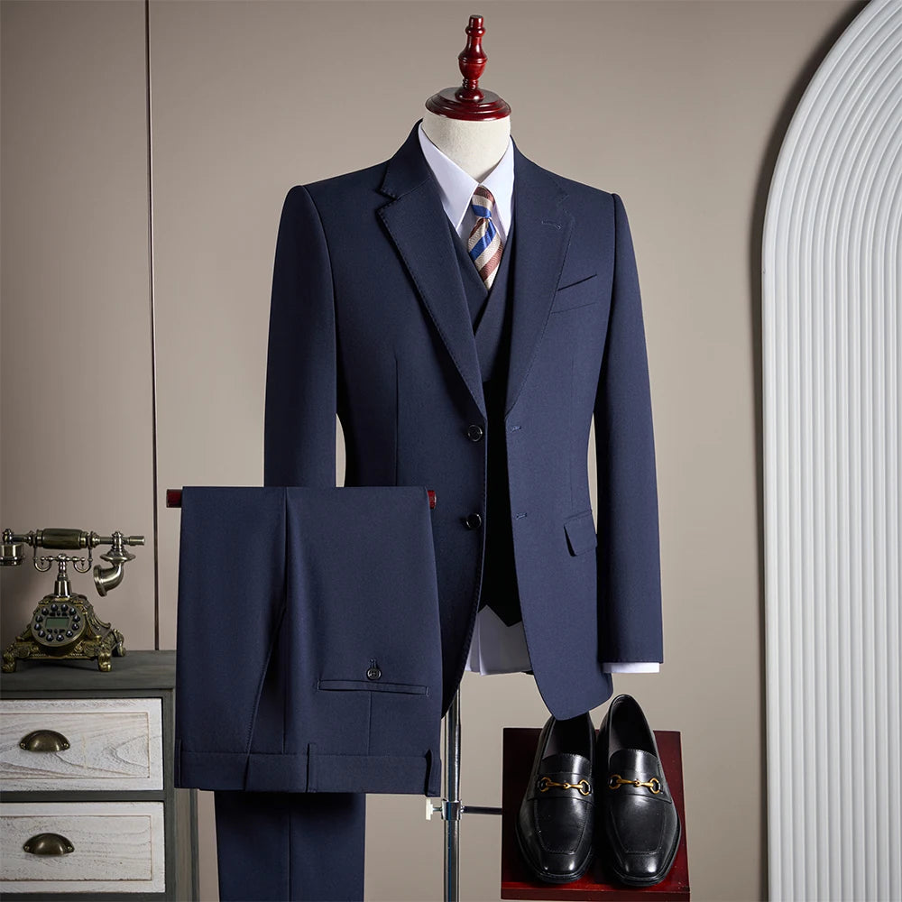 Ensemble de costume trois pièces en laine haut de gamme pour homme, élégant et décontracté, de couleur unie, idéal pour banquets et mariages.