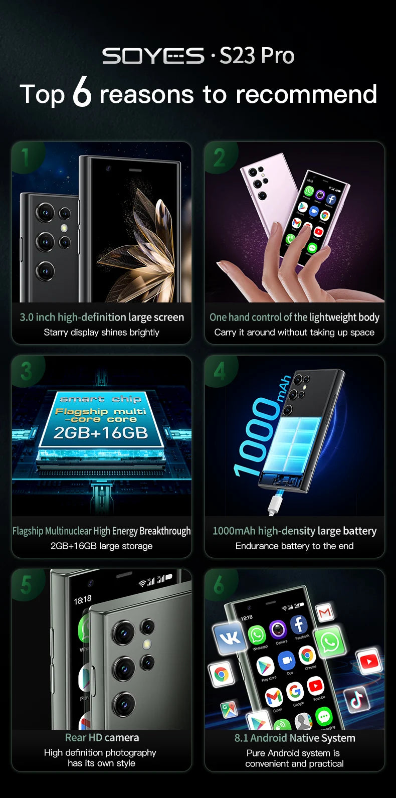 SOYES S23 Pro Mini Smartphones Android 8.1 Dual SIM 3.0'' HD 1000mAh Battery WIFI Bluetooth 3G Small Mobile Phone