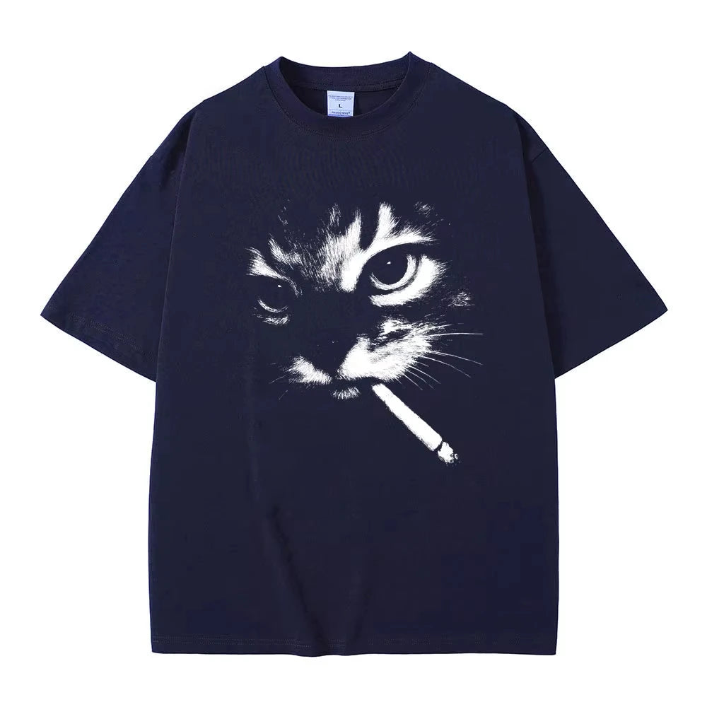 Funny Meme Smoking Cat Face Graphic T-shirts Men Women Casual Cotton Vintage T Shirts Men's Oversized T-shirts Cats Lovers Gifts