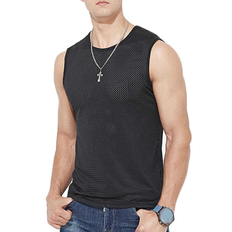 Débardeurs en maille de soie glacée pour hommes, séchage rapide, respirant, gilet, musculation, t-shirt sans manches, t-shirts de sport, débardeurs musculation