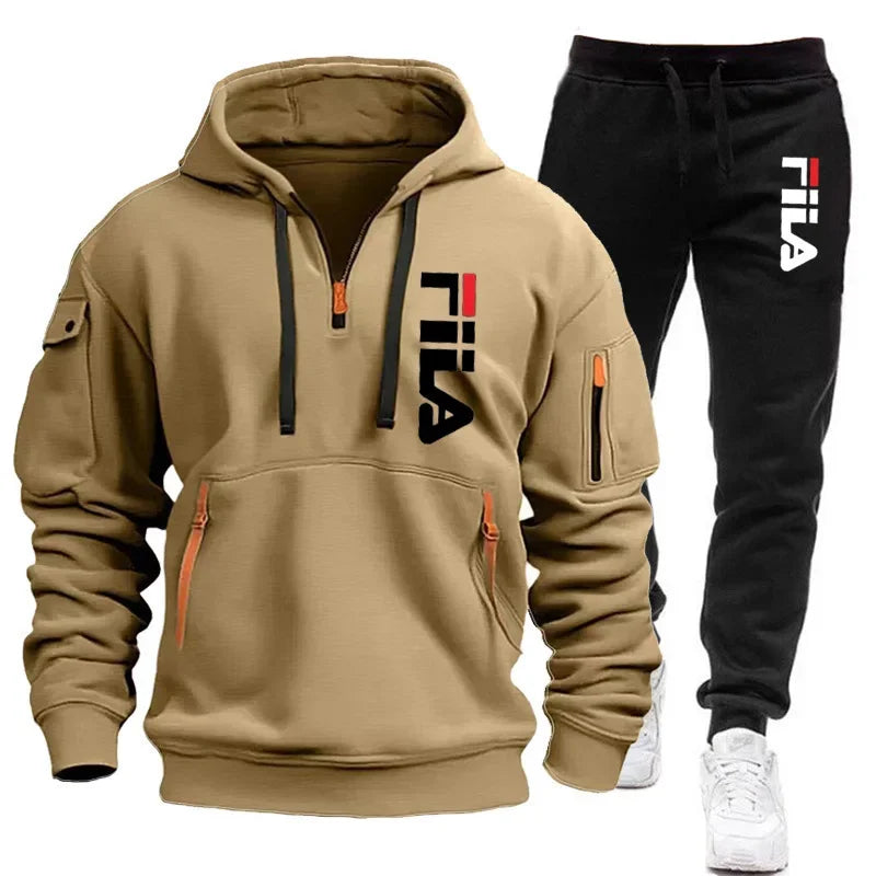 Herbst und Winter heiß begehrtes Herren-Kapuzensweatshirt + Freizeithose, zweiteiliges Outdoor-Set mit mehreren Taschen und Sporthose