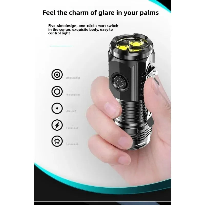 Tragbare Mini-LED-Taschenlampe Leistungsstarke 3*Docht Kleine Taschenlampe USB Wiederaufladbare Starke Lichtlaterne Superhelle Kappenclip-Lampe