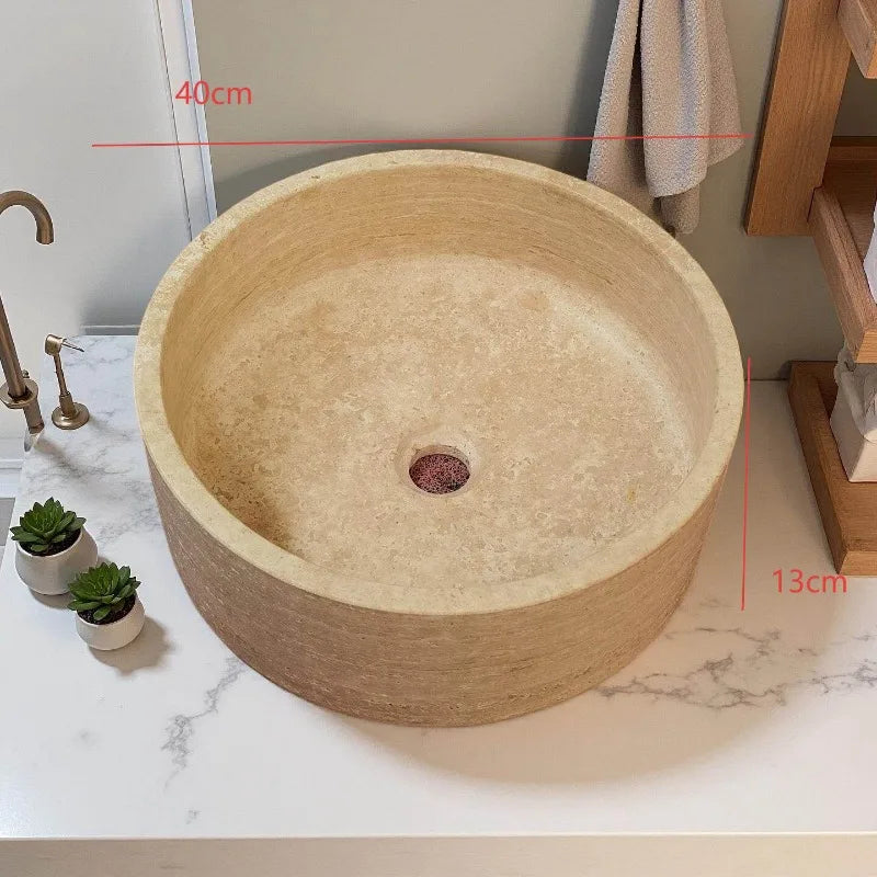Natural travertine Turkish beige cylindrical wash basin stone platform basin simple sink