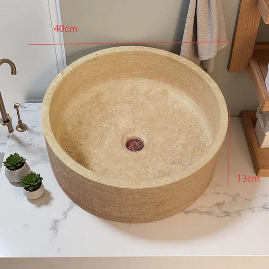 Natural travertine Turkish beige cylindrical wash basin stone platform basin simple sink