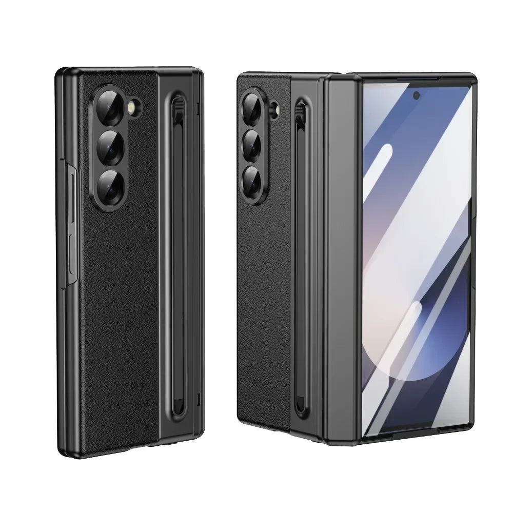 Leder mit Stahlfilm Stifthalter Handyhülle für Samsung Galaxy Z Fold 7 6 5 4 Fold7 Fold6 Scharnierschutz Stoßfeste Hülle