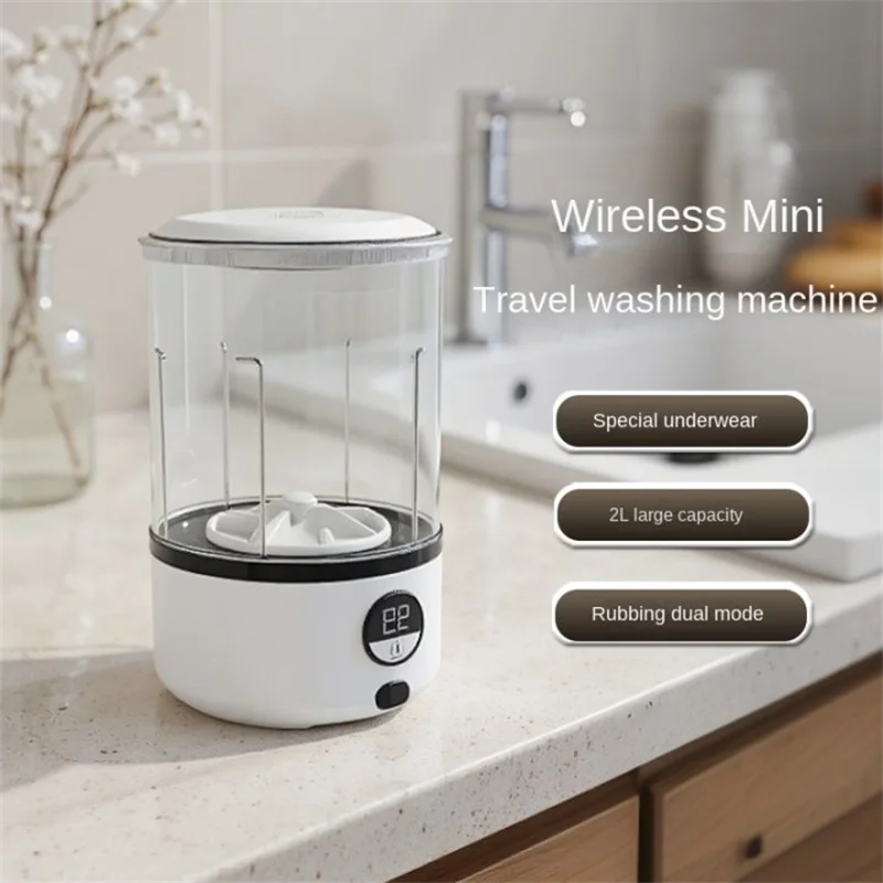 Eine weiße 2L Mini-Waschmaschine, 2000 mAh, vollautomatische tragbare Turbinen-LED-Waschbecher, kompakt für Kinderkleidung, Unterwäsche, Slips und Socken