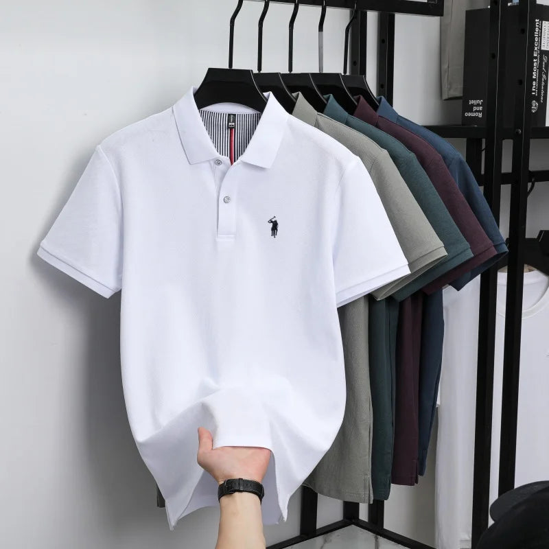 T-shirt polo d'affaires d'été décontracté ample brodé de marque de luxe haut de gamme en coton pur à 100 % pour homme à manches courtes respirant