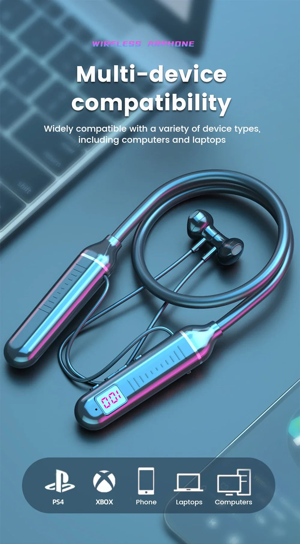 Kabellose Ohrhörer 5.3 Nackenbügel-Kopfhörer Gaming LED-Display Stereo Sport-Headset Halterung Wasserdichte Magnetische Ohrhörer