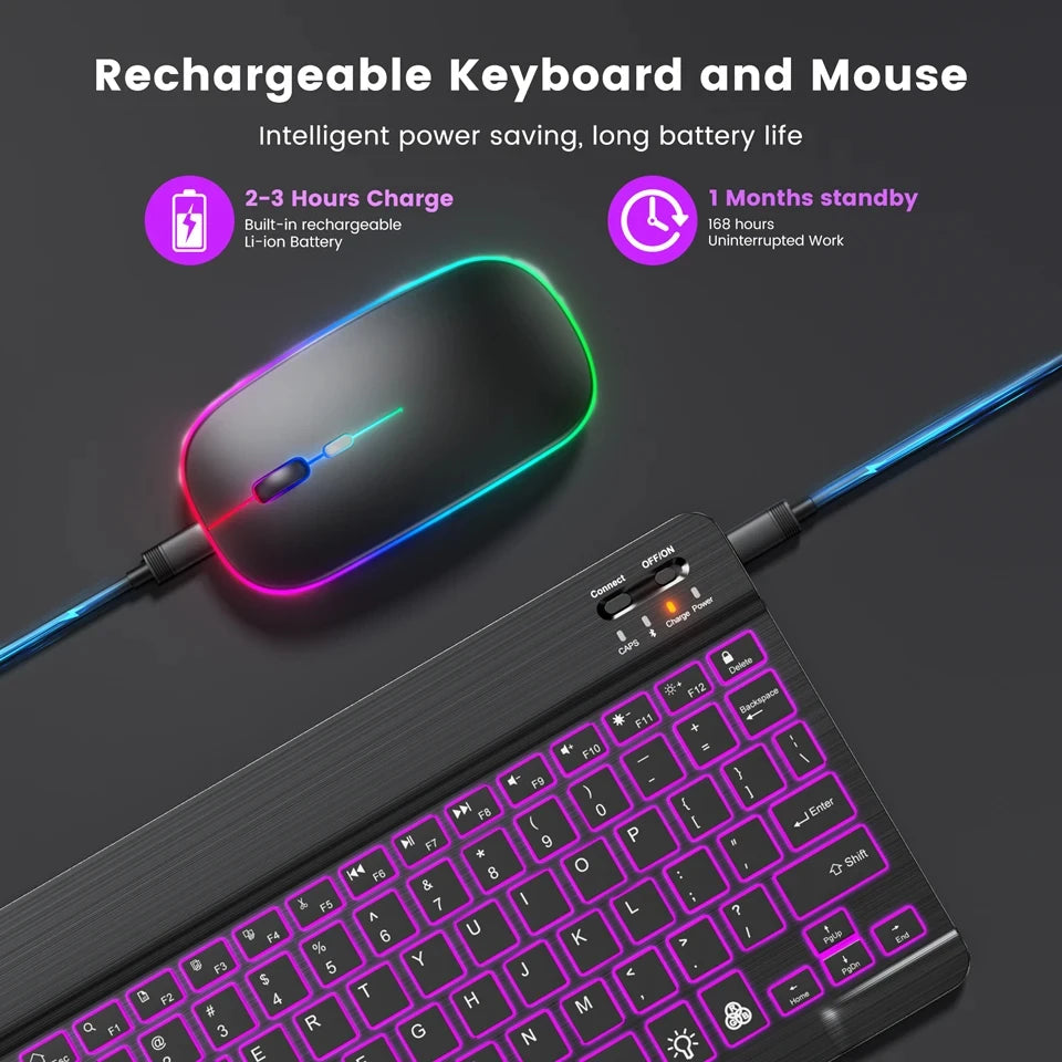 Mini RGB-Hintergrundbeleuchtungs-Tastatur 10 Zoll Bluetooth Kabellose Maus Wiederaufladbar für Spanisch Russisch Hebräisch Koreanisch Französisch Arabisch Portugiesisch