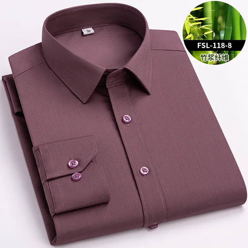 Chemise de Travail Blanche Homme en Fibre de Bambou Bleue 8XL Manches Longues Bureau Affaires Anti-rides Infroissable Décontractée