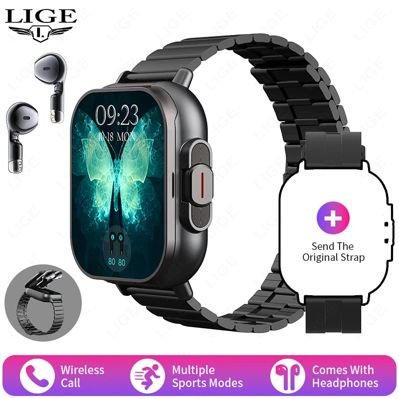 Montre connectée TWS 2 en 1 avec écouteurs, montre de sport, oreillette Bluetooth, montre d'appel, moniteur de santé pour hommes, NFC, montre intelligente pour femmes, écouteurs