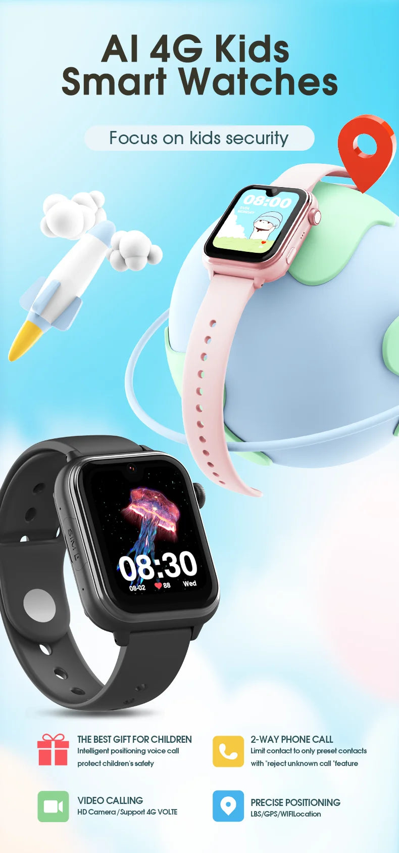 Montre intelligente GPS Wonlex KT37 pour enfants avec assistant vocal IA, application de surveillance, suivi de localisation WiFi, appel vidéo 4G