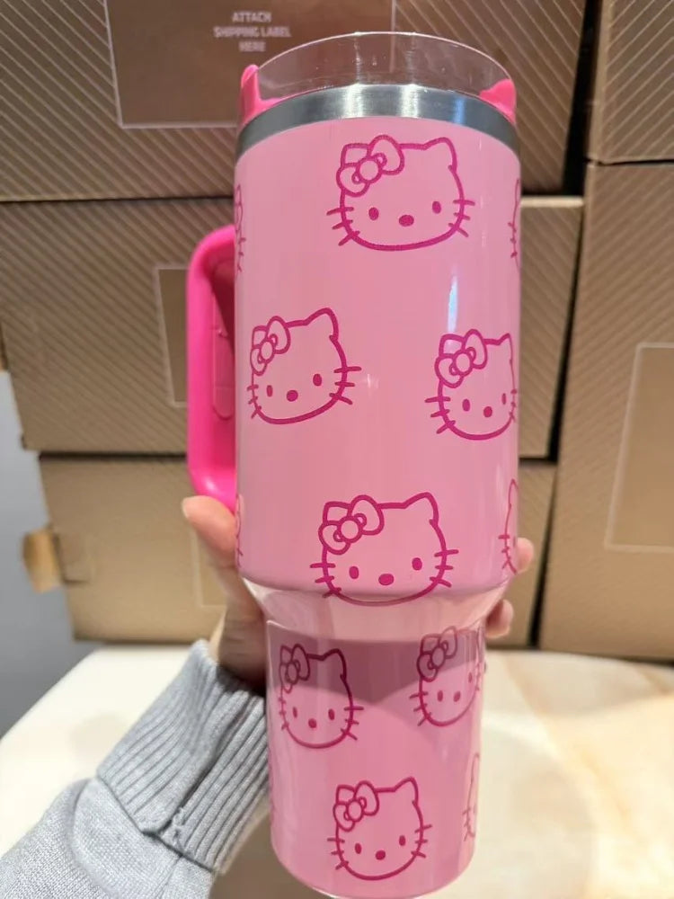 Kawaii Hello Kitty 40oz Edelstahl-Vakuumbecher Anime mit Griff Strohhalmbecher Kaffeetasse mit Verpackungskarton Schnelle Lieferung