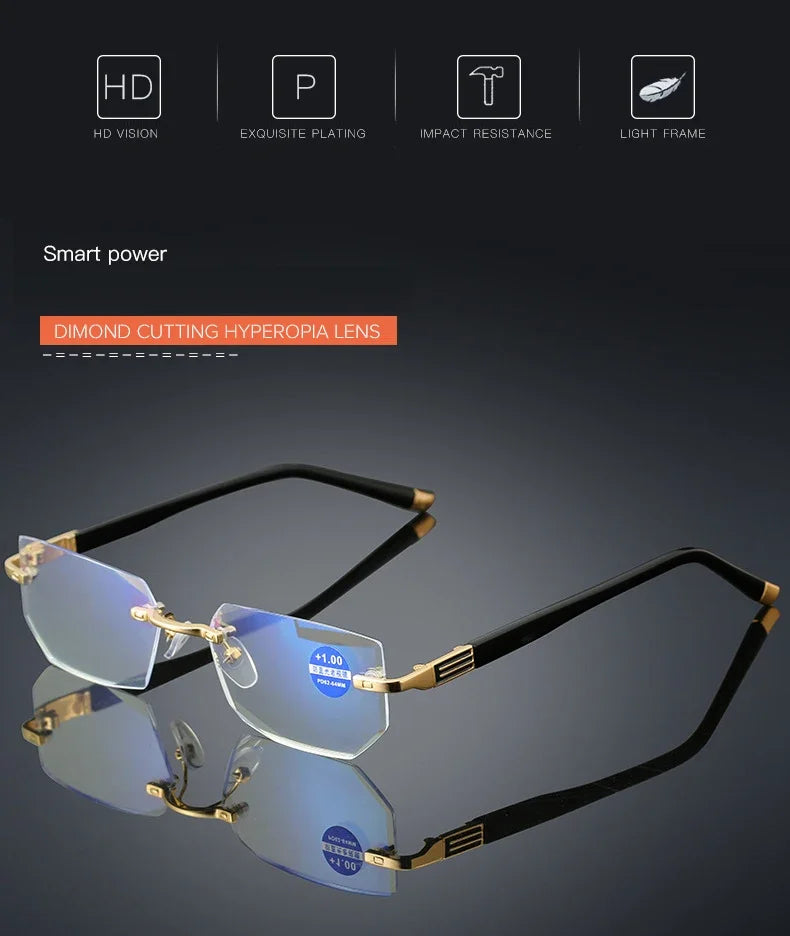 Herren quadratische Lesebrille Business HD-Gläser Randlose Brille Damen Trendige Presbyopie Korrektionsbrille +1.0 bis +4.0