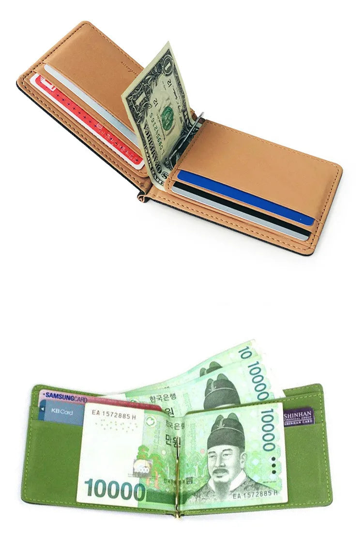 Portefeuille court pour hommes en cuir PU, porte-monnaie, pinces à billets, porte-cartes d'identité et de crédit, pochette fine et solide pour hommes