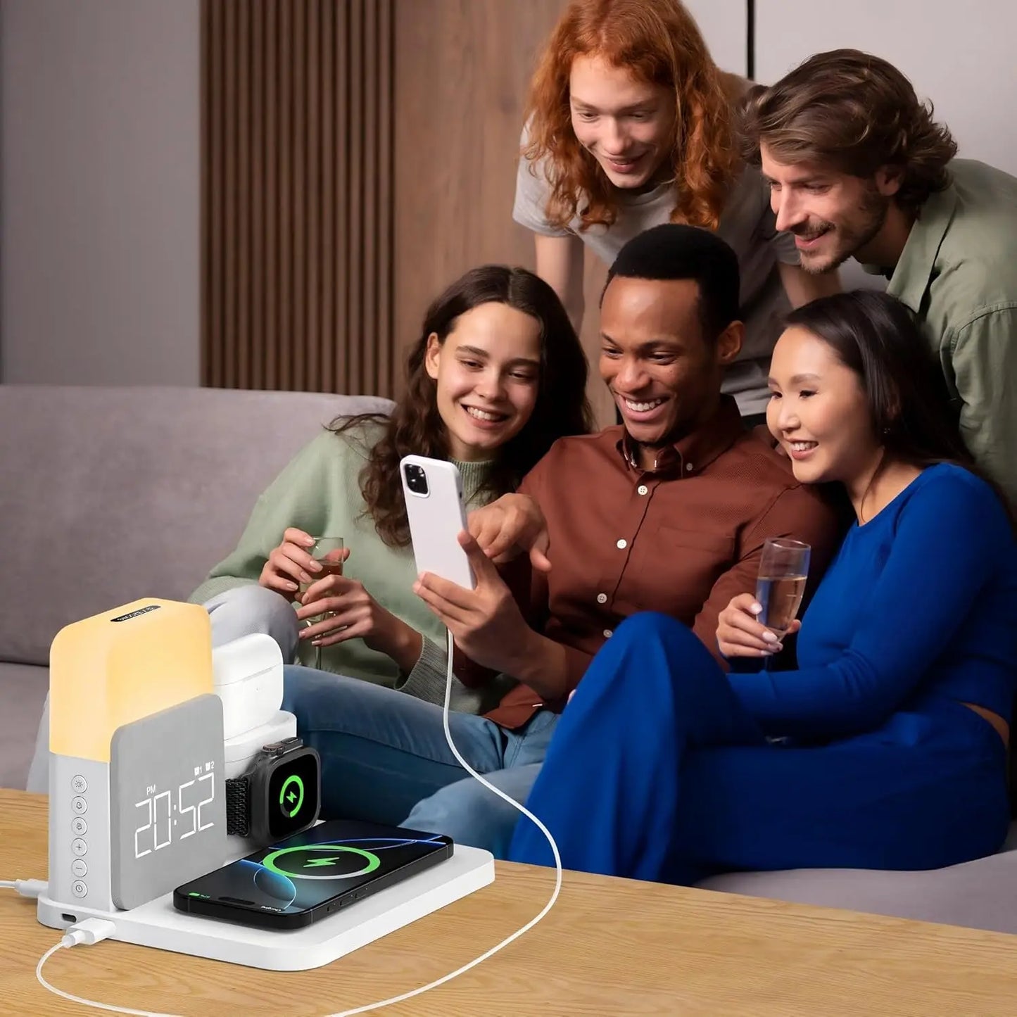 Chargeur réveil MagSafe 7-en-1 - Station sans fil pour iPhone 12-16/Samsung/Xiaomi/Huawei/Apple Watch/AirPods avec veilleuse
