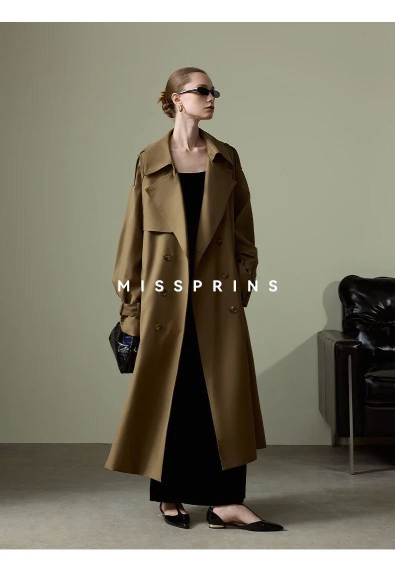 Lautaro Frühling Herbst Langer Khaki Trenchcoat für Damen Gürtel Zweireiher Schick Luxus Designer Europäische Mode Kleidung 2025