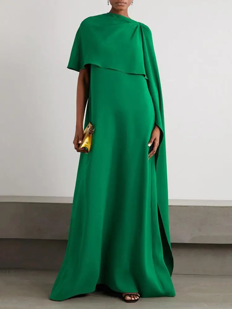 Onecozyday Damen Abendkleid Einfarbig Rundhals Asymmetrisches Bodenlanges Wickelkleid Frühling Sommer Neu Plissiertes Kleid 2024