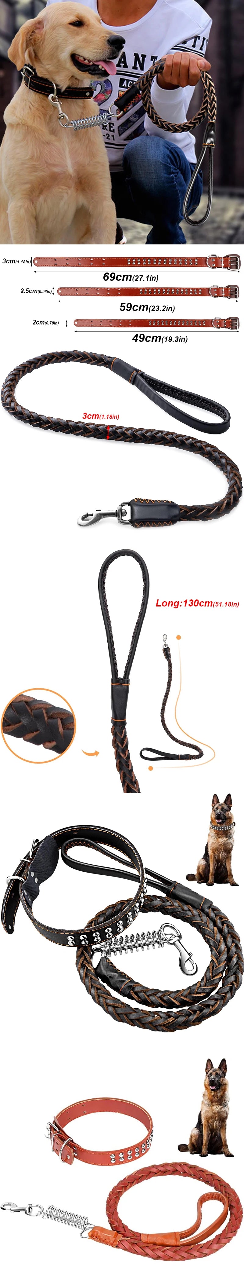 Cowhide collar+leash strong Real big dog collar High Leather Braided Dog with Buffer Spring Pet Traction Rope for Shepherd Dog