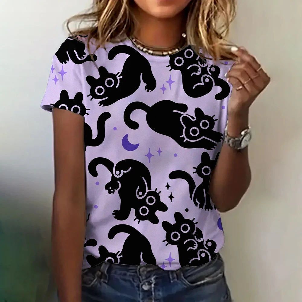 T-shirt Femme Impression 3D Chat Vêtements Été Col Rond Mode Manches Courtes Élégant Décontracté Haut Ample T-shirt Vêtements Femme