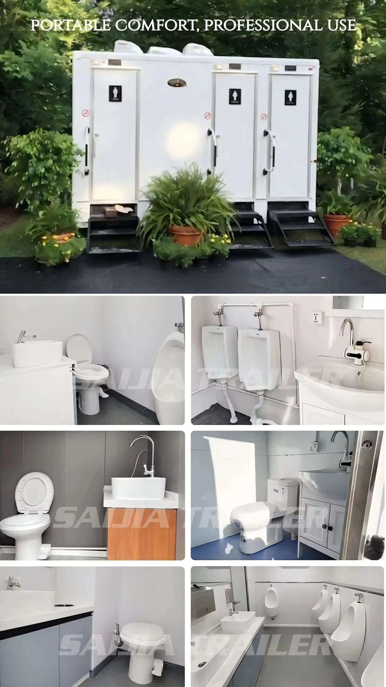 Remorque de toilettes mobiles de luxe, moderne, d'extérieur, à 2 cabines, avec porte double noire