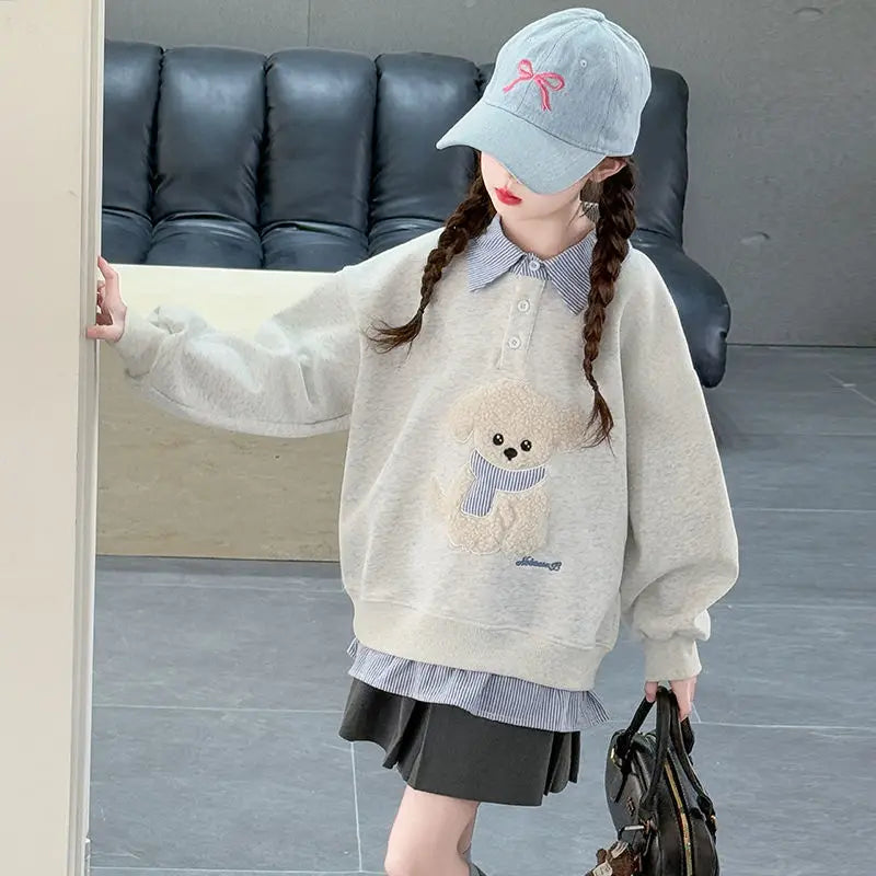 Sweatshirt Mädchen 2025 Neu Faux Zweiteiliger Polo Hoodie Frühling/Herbst Kinder Mittel-Groß Locker Sitzender Cartoon Welpen Top