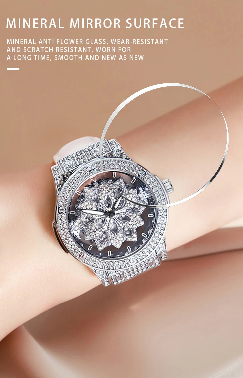 Beliebte Damenuhr mit modischem großem Zifferblatt, wasserdichte Pentagramm-Uhr für Mädchen, rotierende Hohluhr mit Schneeflocken für Damen