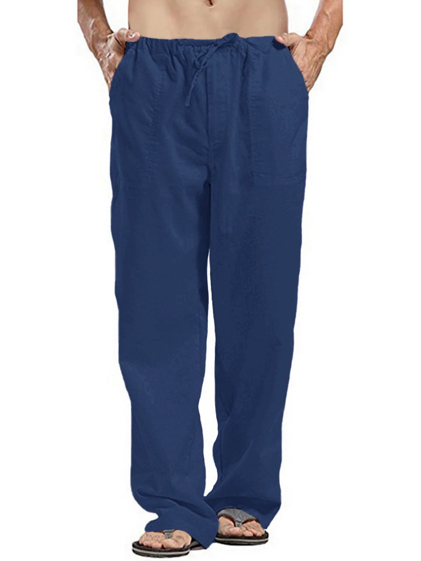 Herren Baumwolle Leinen Lange Hose Leicht Kordelzug mit Taschen Bequeme Gerade Bein Freizeithose für Sommer Strand