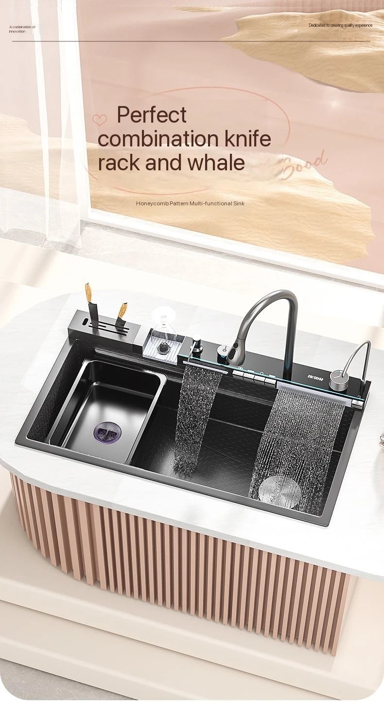 Integrated Waterfall Kitchen Sink Honeycomb Technology Large Digitial Display Stainless Steel Soap Dispenser Cup Washer