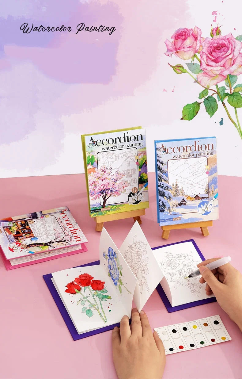 Aquarell-Malbuch mit integrierter Palette, Pop-up-Papier und Farben – Geschenk für junge Künstler und Doodle-Liebhaber