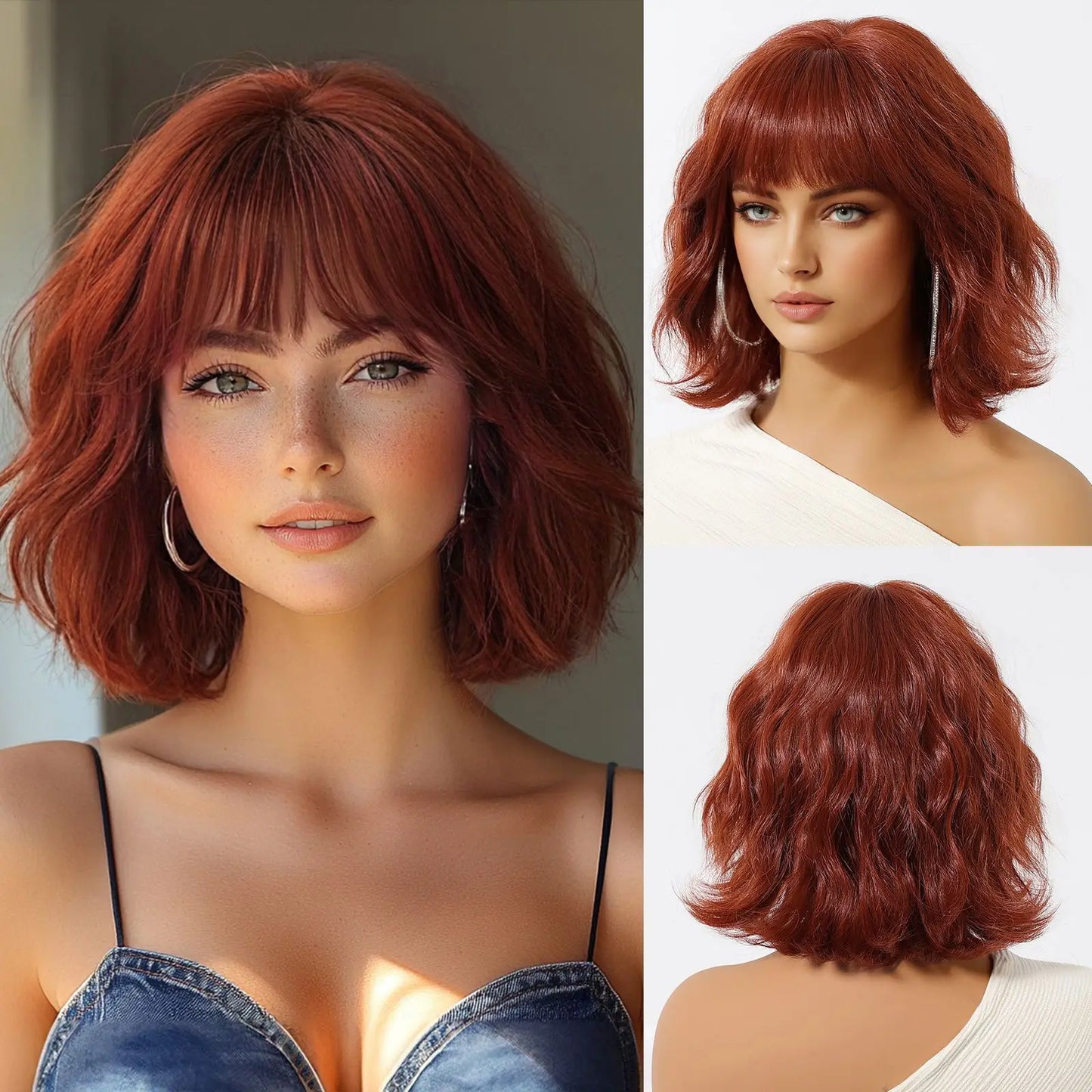 Perruque Synthétique Rouge Helloween Perruque Courte Bob Naturelle avec Frange pour Femme Fête Quotidienne Cosplay Fibre Résistante à la Chaleur