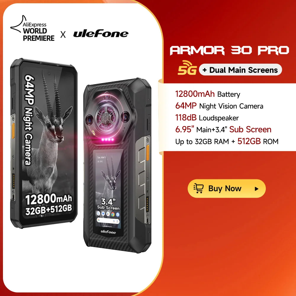 Ulefone Armor 30 Pro 5G Outdoor-Smartphone Android 14 6,95" 120Hz 32GB+512GB 12800mAh Nachtkamera 64MP NFC